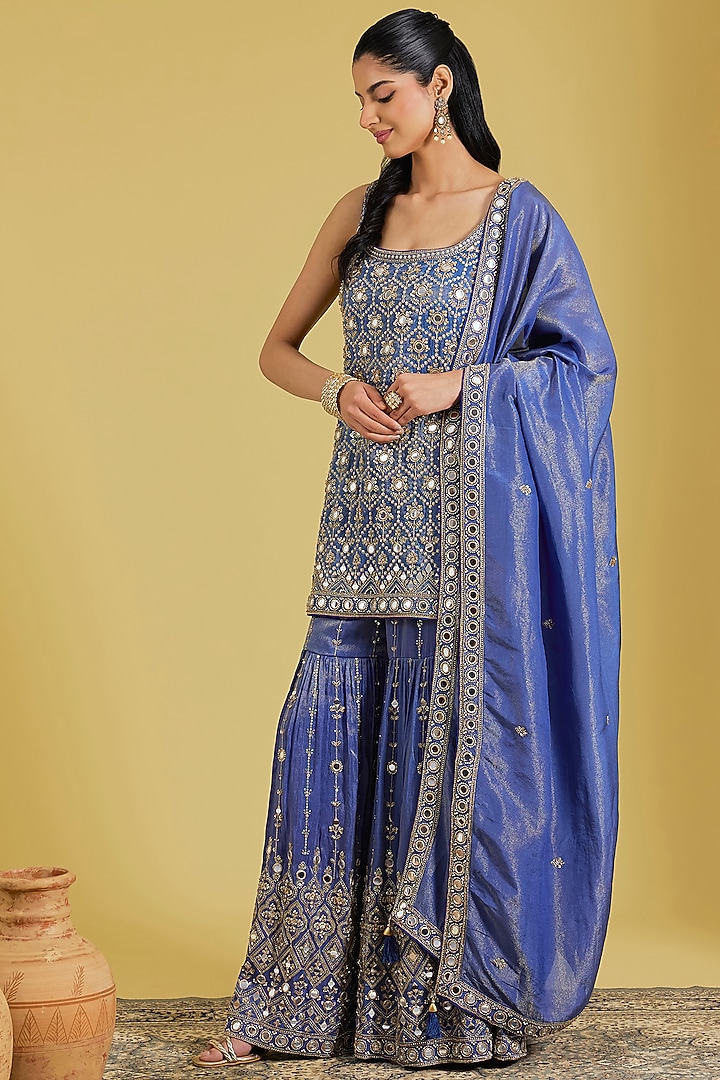 Navy Blue Georgette Embroidered Gharara Set by MeenaGurnam at Pernia's Pop Up Shop