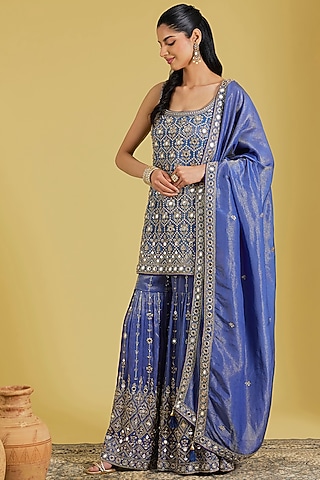 Navy Blue Tissue Embroidered Gharara Set by MeenaGurnam