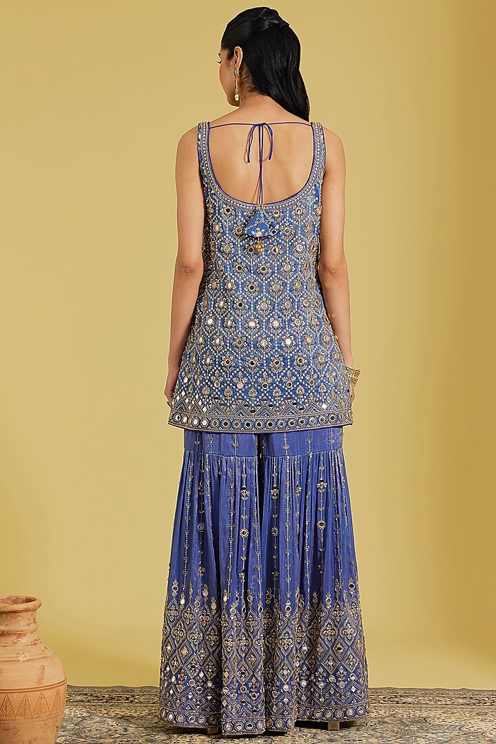 Navy Blue Tissue Embroidered Gharara Set by MeenaGurnam at Pernia's Pop Up Shop