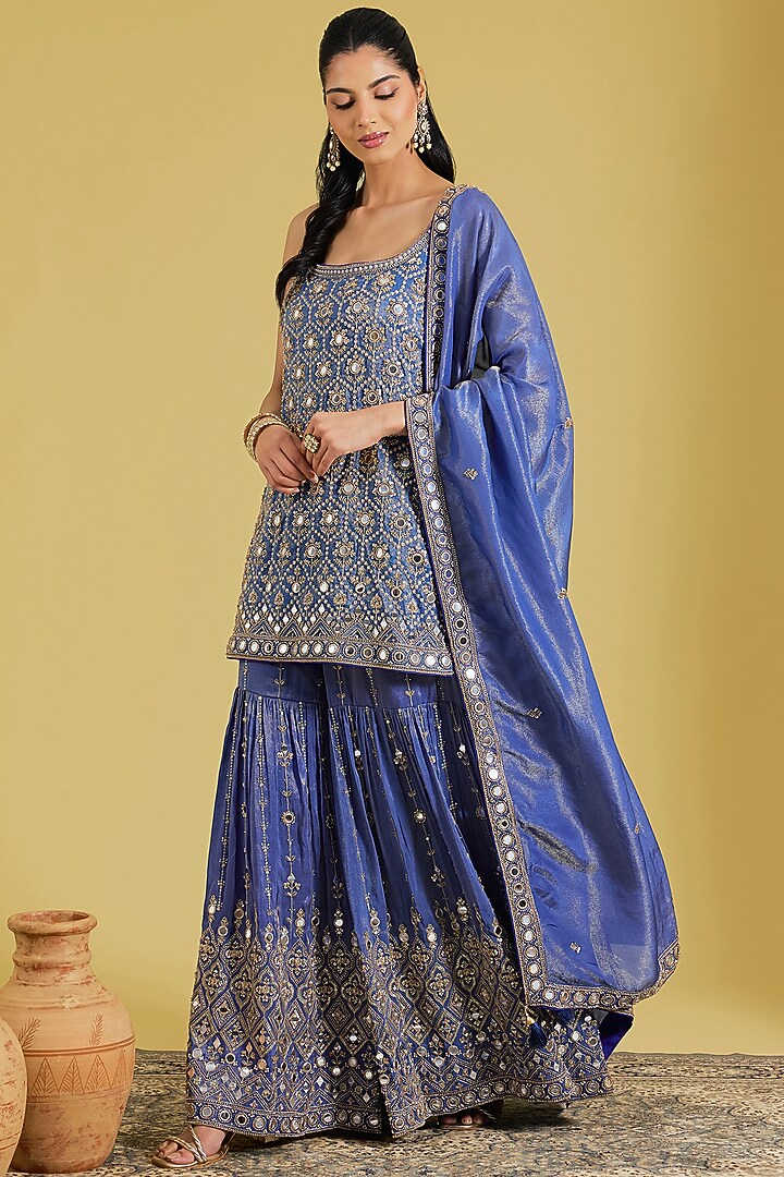 Navy Blue Tissue Embroidered Gharara Set by MeenaGurnam at Pernia's Pop Up Shop