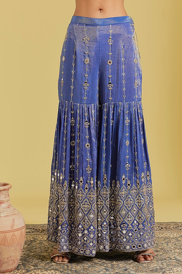 Navy Blue Tissue Embroidered Gharara Set by MeenaGurnam at Pernia's Pop Up Shop