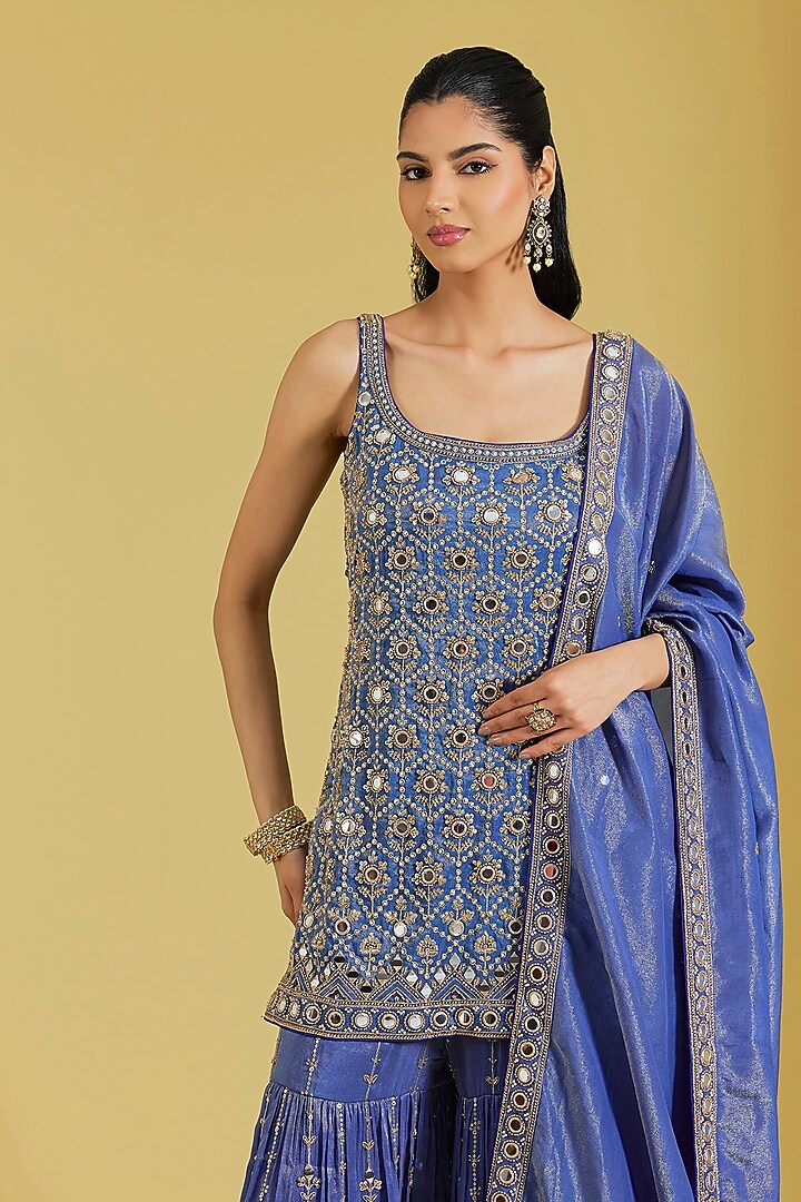 Navy Blue Tissue Embroidered Gharara Set by MeenaGurnam at Pernia's Pop Up Shop
