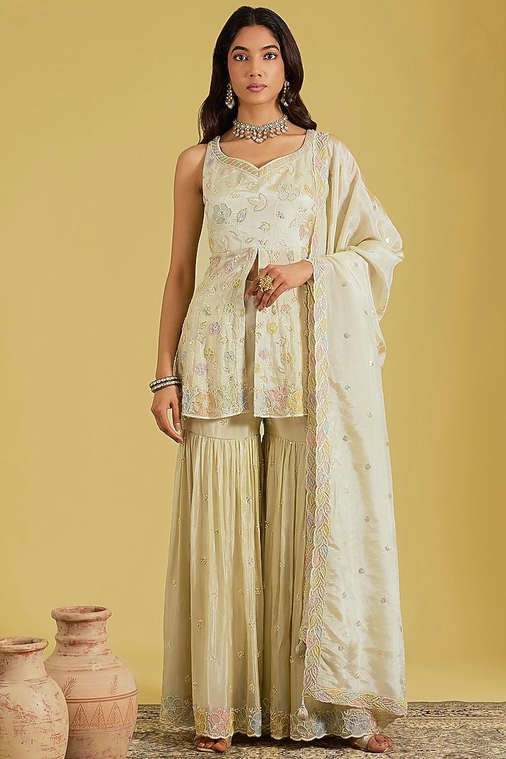 Gold Tissue Embroidered Gharara Set by MeenaGurnam at Pernia's Pop Up Shop