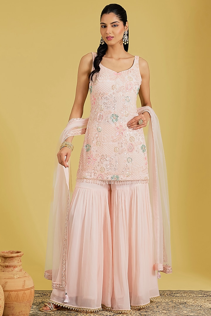 Pink Georgette Embroidered Gharara Set by MeenaGurnam at Pernia's Pop Up Shop