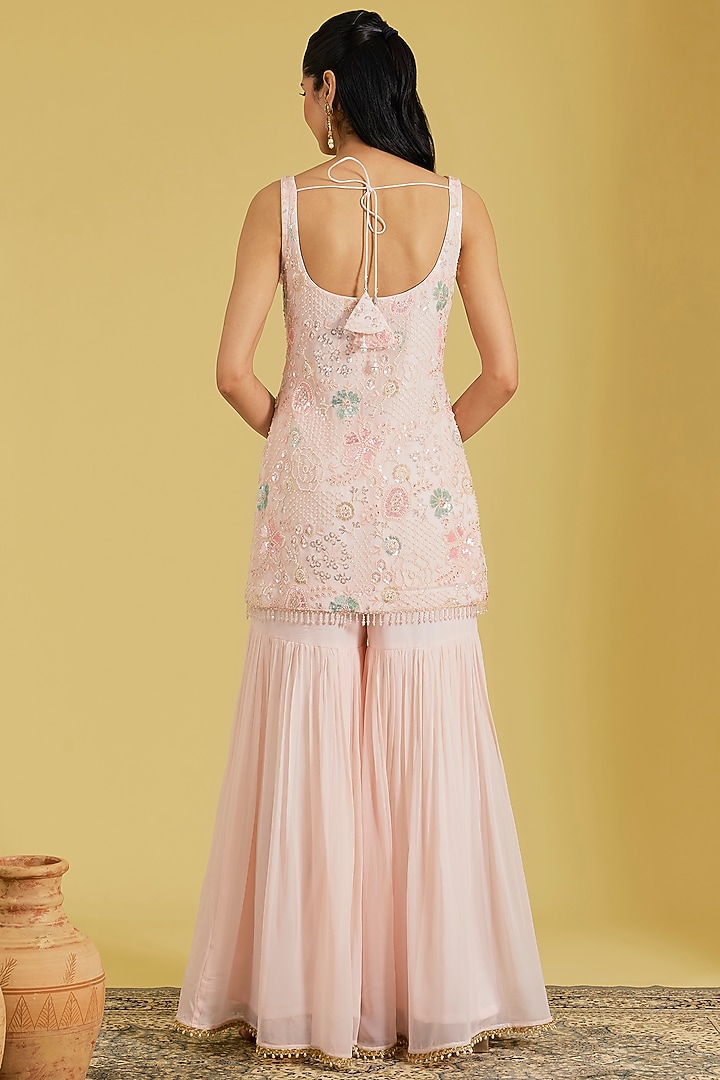 Pink Georgette Embroidered Gharara Set by MeenaGurnam at Pernia's Pop Up Shop