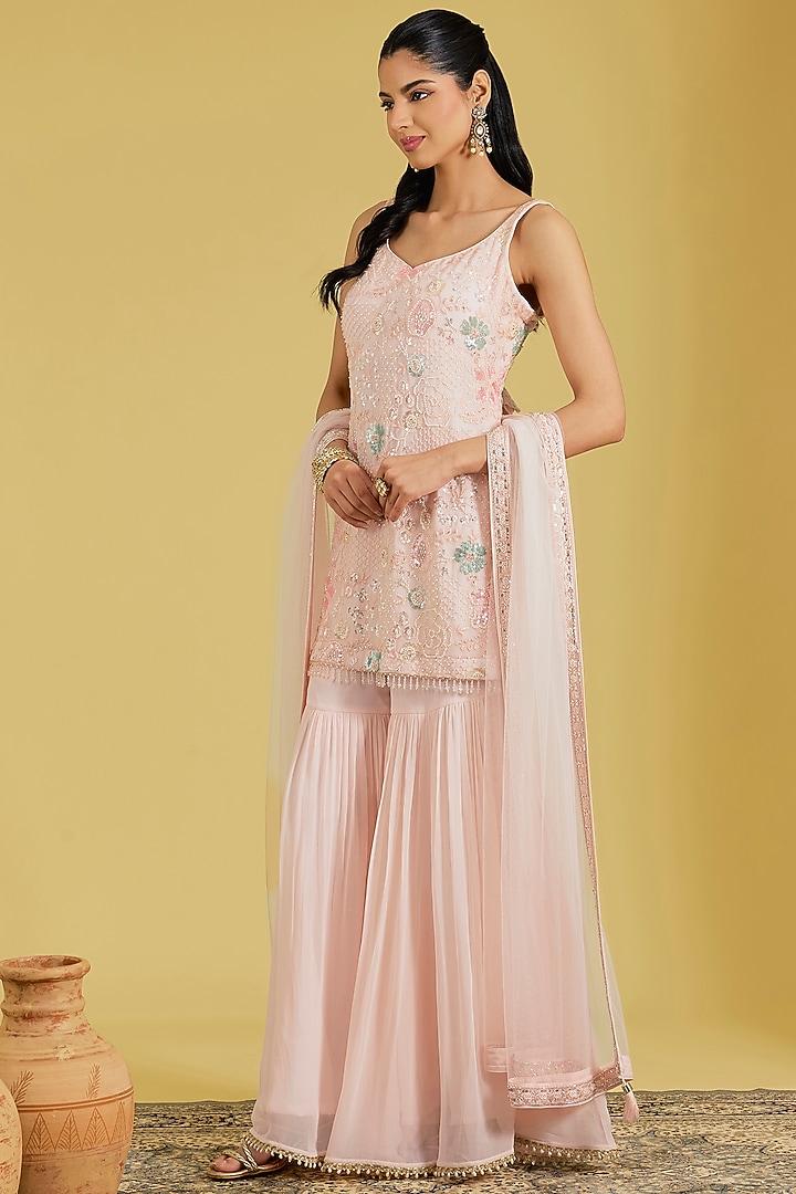 Pink Georgette Embroidered Gharara Set by MeenaGurnam at Pernia's Pop Up Shop