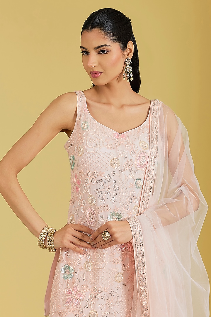 Pink Georgette Embroidered Gharara Set by MeenaGurnam at Pernia's Pop Up Shop