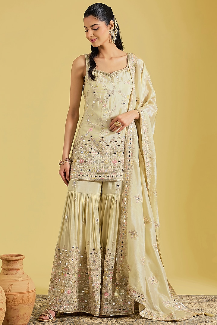 Beige Tissue Embroidered Gharara Set by MeenaGurnam at Pernia's Pop Up Shop