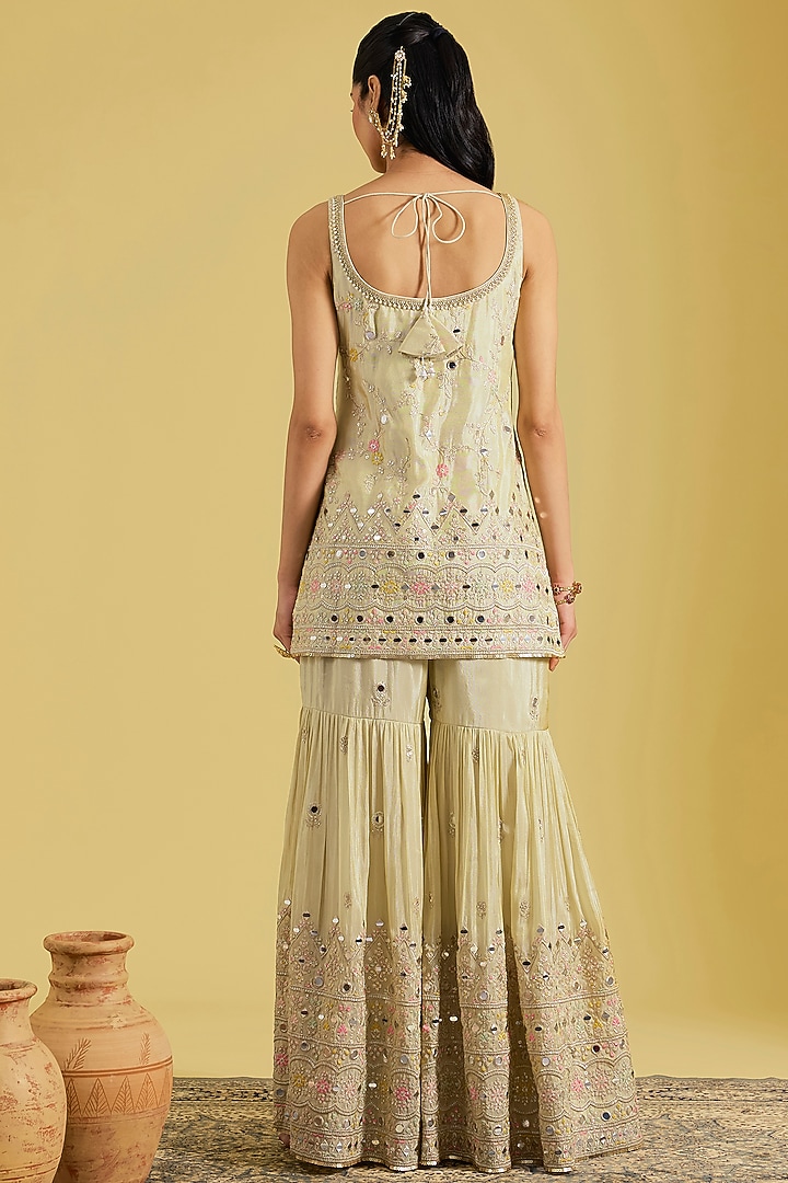Beige Tissue Embroidered Gharara Set by MeenaGurnam at Pernia's Pop Up Shop
