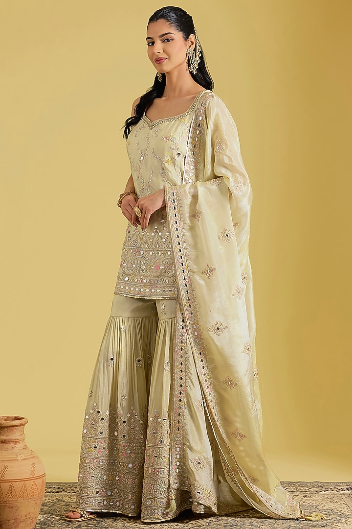Beige Tissue Embroidered Gharara Set by MeenaGurnam at Pernia's Pop Up Shop