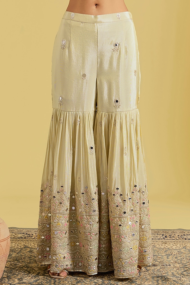 Beige Tissue Embroidered Gharara Set by MeenaGurnam at Pernia's Pop Up Shop