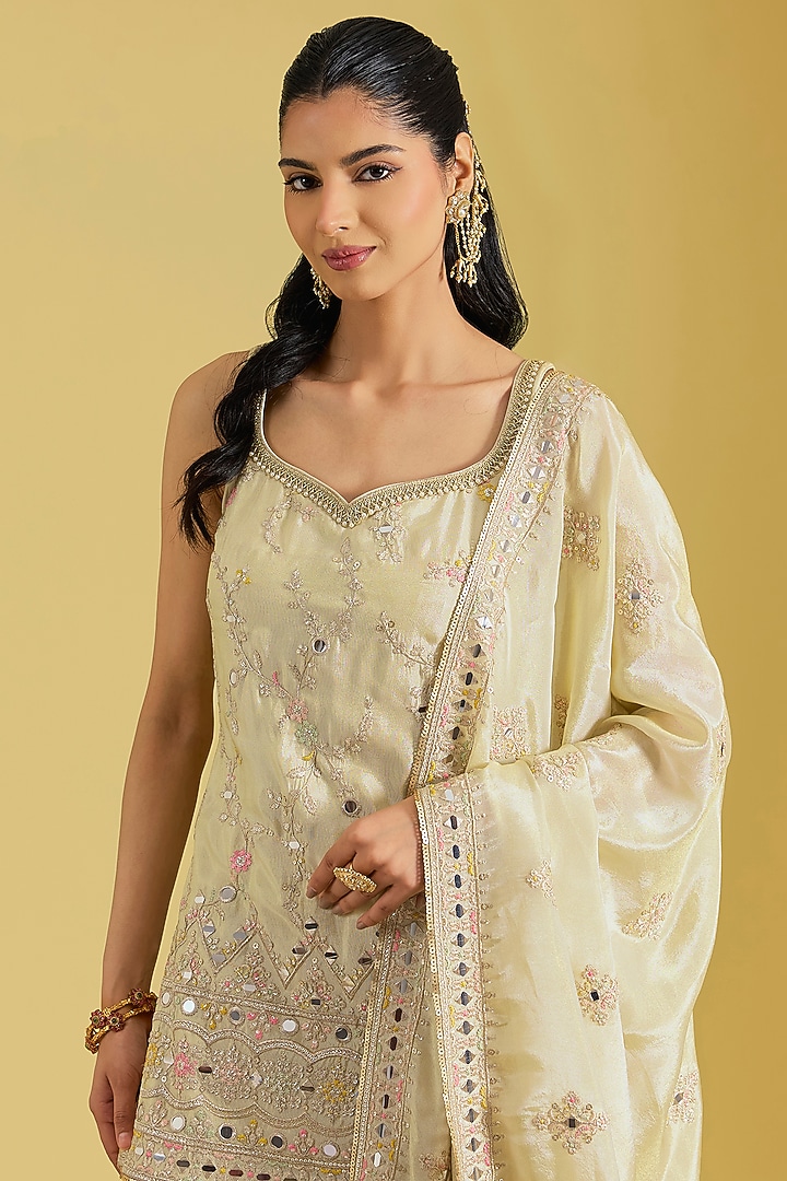 Beige Tissue Embroidered Gharara Set by MeenaGurnam at Pernia's Pop Up Shop
