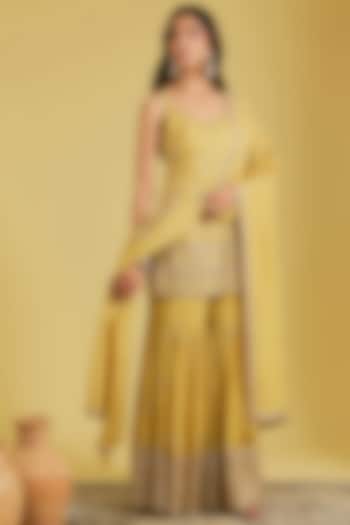 Mustard Tissue Embroidered Gharara Set by MeenaGurnam at Pernia's Pop Up Shop