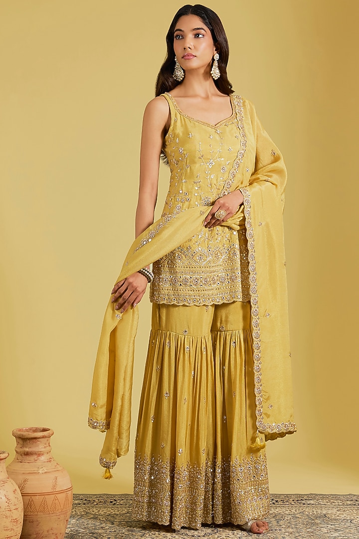 Mustard Tissue Embroidered Gharara Set by MeenaGurnam at Pernia's Pop Up Shop