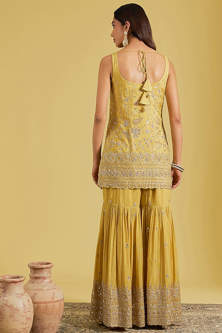 Mustard Tissue Embroidered Gharara Set by MeenaGurnam at Pernia's Pop Up Shop