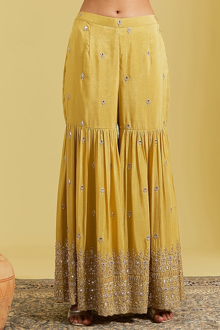 Mustard Tissue Embroidered Gharara Set by MeenaGurnam at Pernia's Pop Up Shop