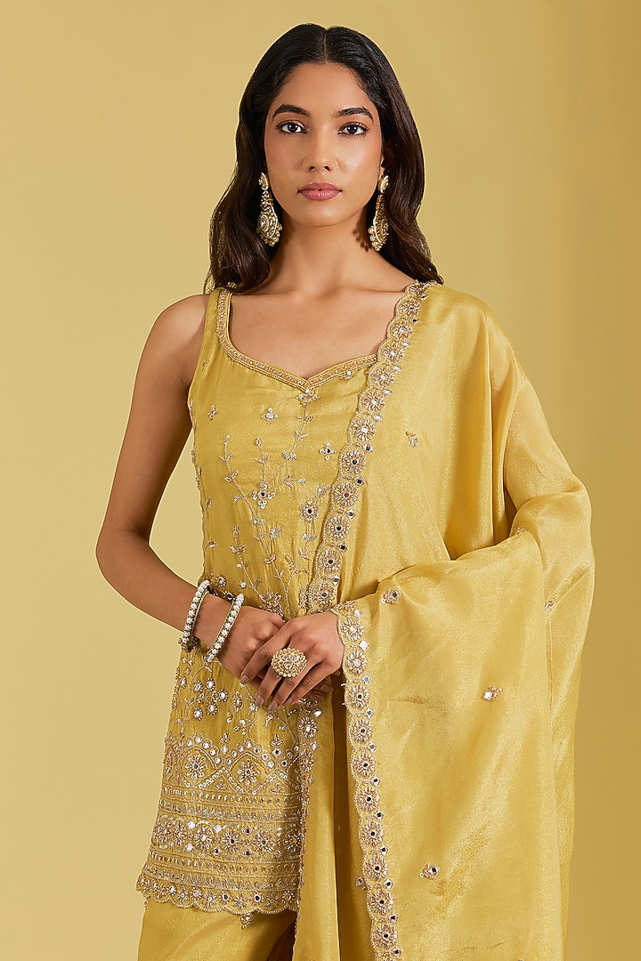 Mustard Tissue Embroidered Gharara Set by MeenaGurnam at Pernia's Pop Up Shop