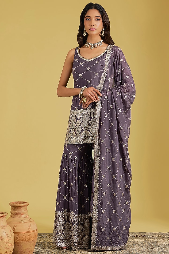 Purple Chinon Embroidered Gharara Set by MeenaGurnam at Pernia's Pop Up Shop
