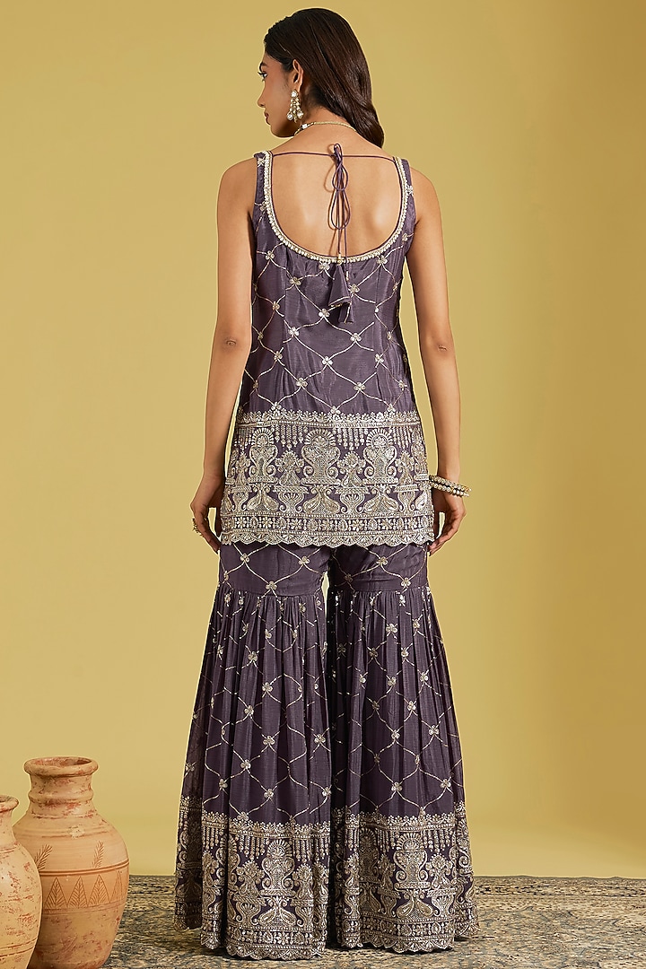 Purple Chinon Embroidered Gharara Set by MeenaGurnam at Pernia's Pop Up Shop
