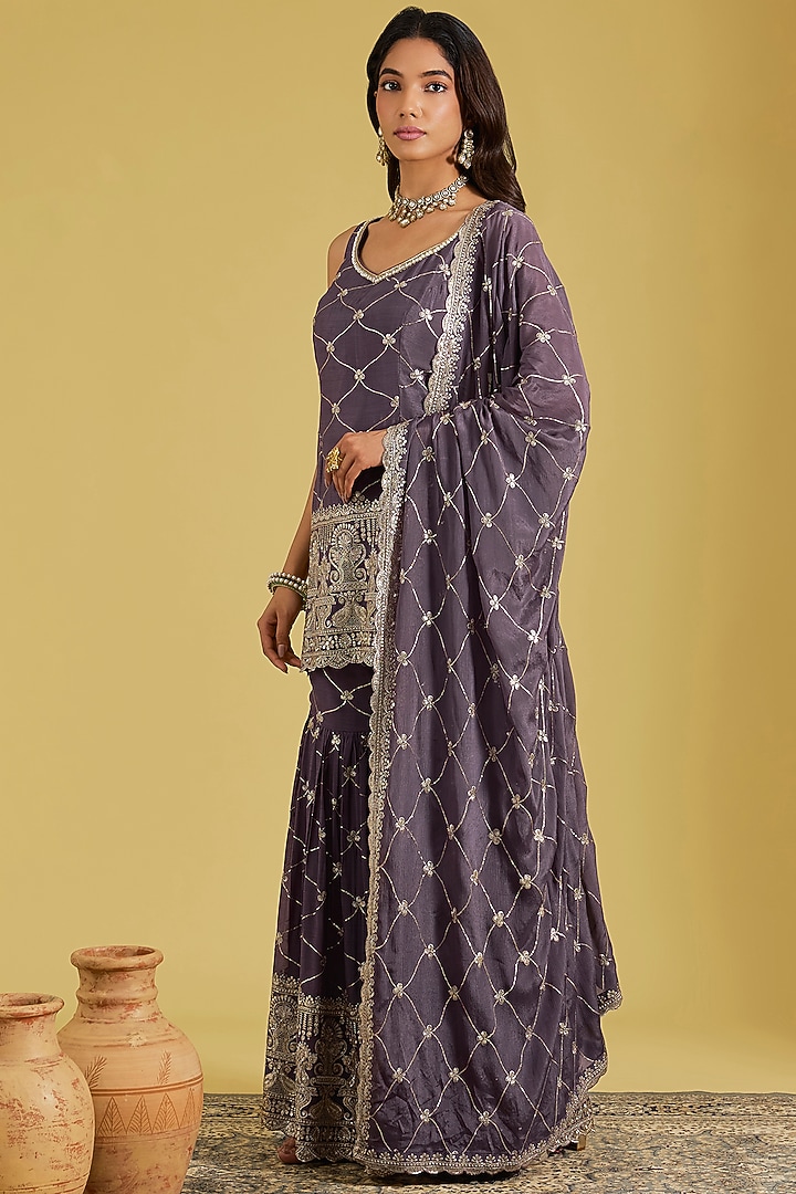 Purple Chinon Embroidered Gharara Set by MeenaGurnam at Pernia's Pop Up Shop