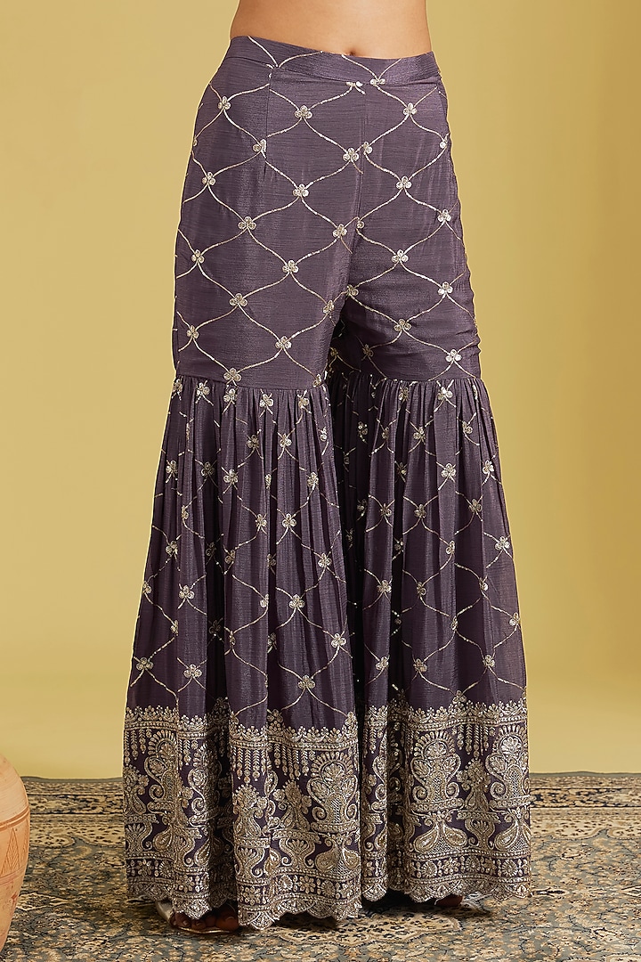 Purple Chinon Embroidered Gharara Set by MeenaGurnam at Pernia's Pop Up Shop