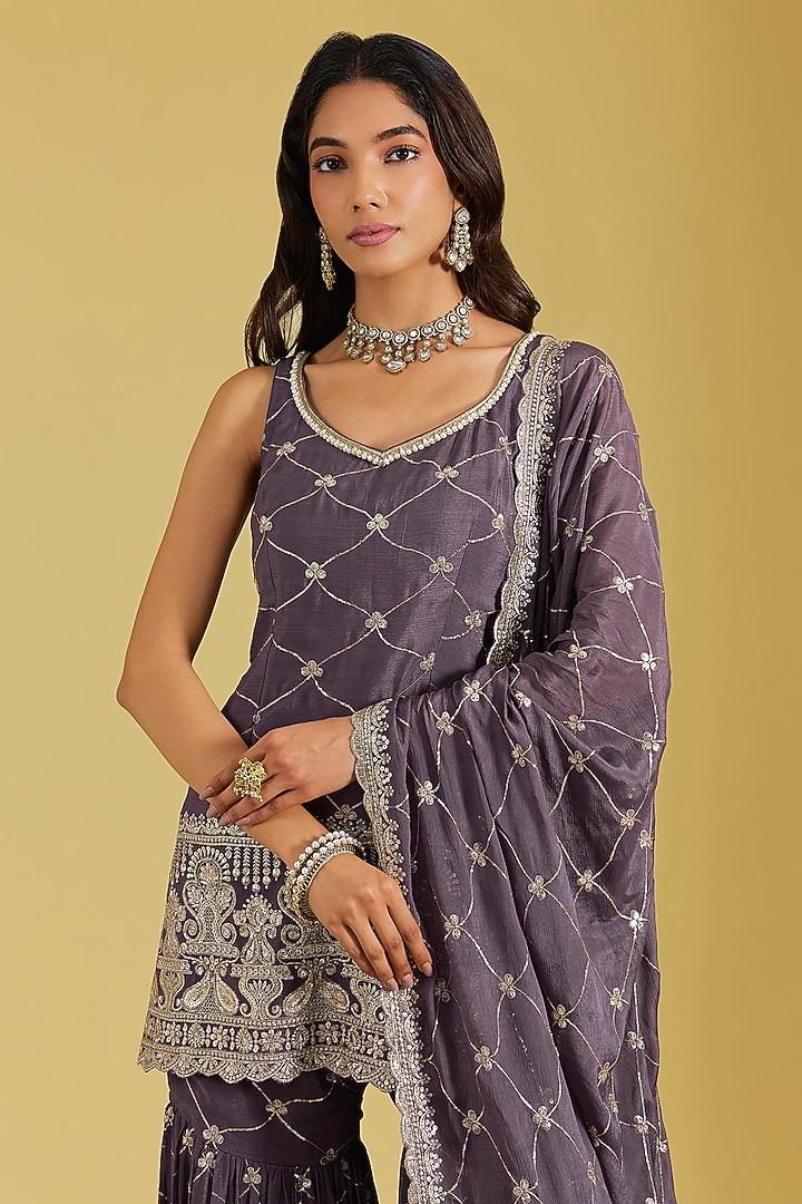 Purple Chinon Embroidered Gharara Set by MeenaGurnam at Pernia's Pop Up Shop