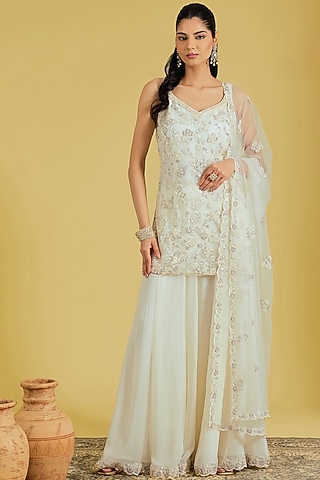 Ivory Net Embroidered Gharara Set by MeenaGurnam
