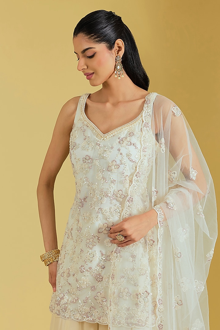 Ivory Net Embroidered Gharara Set by MeenaGurnam at Pernia's Pop Up Shop
