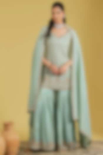 Ice Blue Tissue Embroidered Gharara Set by MeenaGurnam at Pernia's Pop Up Shop