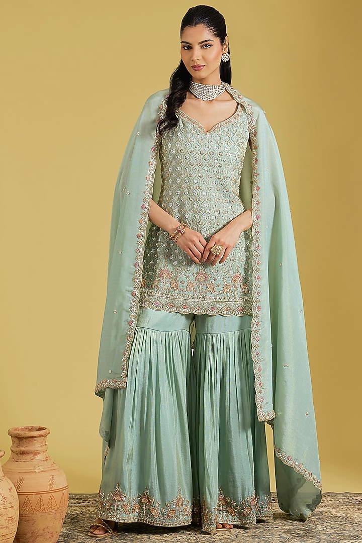 Ice Blue Tissue Embroidered Gharara Set by MeenaGurnam at Pernia's Pop Up Shop