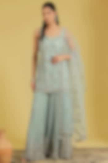 Pista Net & Georgette Embroidered Wedding Sharara Set by MeenaGurnam at Pernia's Pop Up Shop