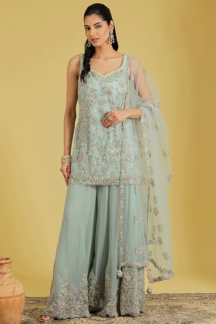 Pista Net & Georgette Embroidered Wedding Sharara Set by MeenaGurnam at Pernia's Pop Up Shop