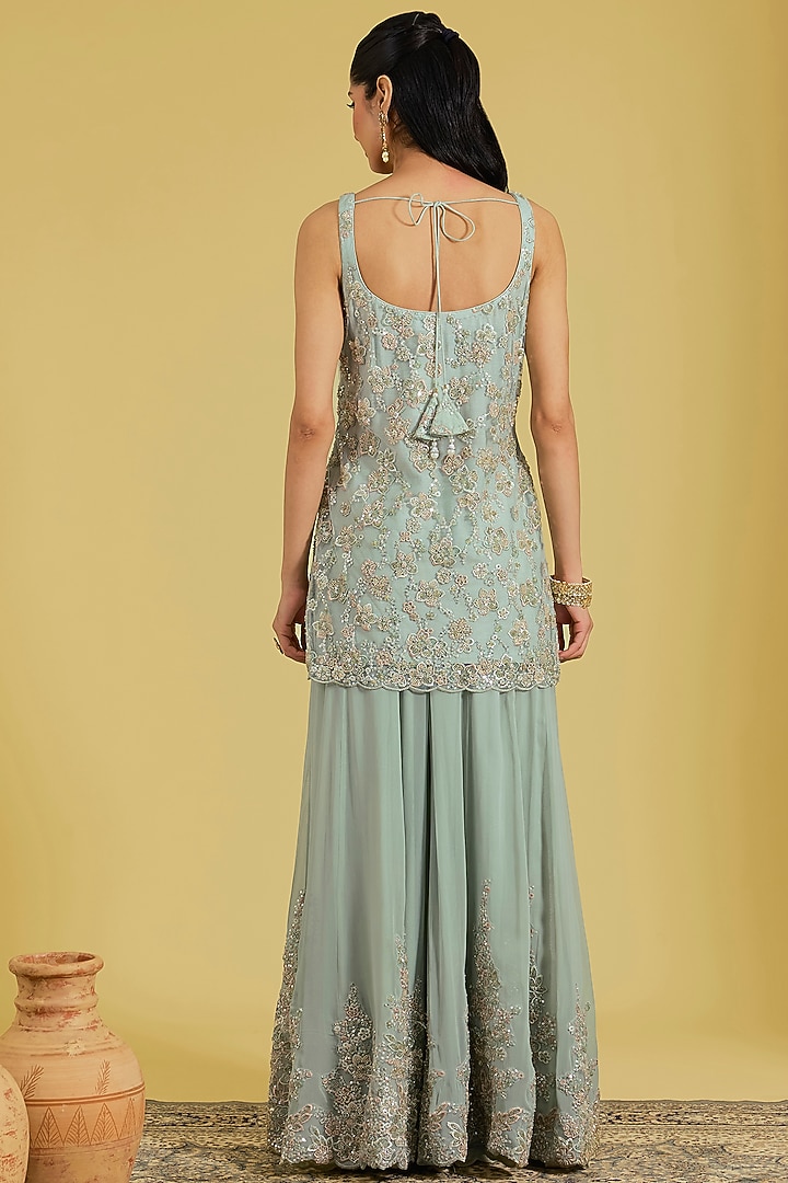 Pista Net & Georgette Embroidered Wedding Sharara Set by MeenaGurnam at Pernia's Pop Up Shop