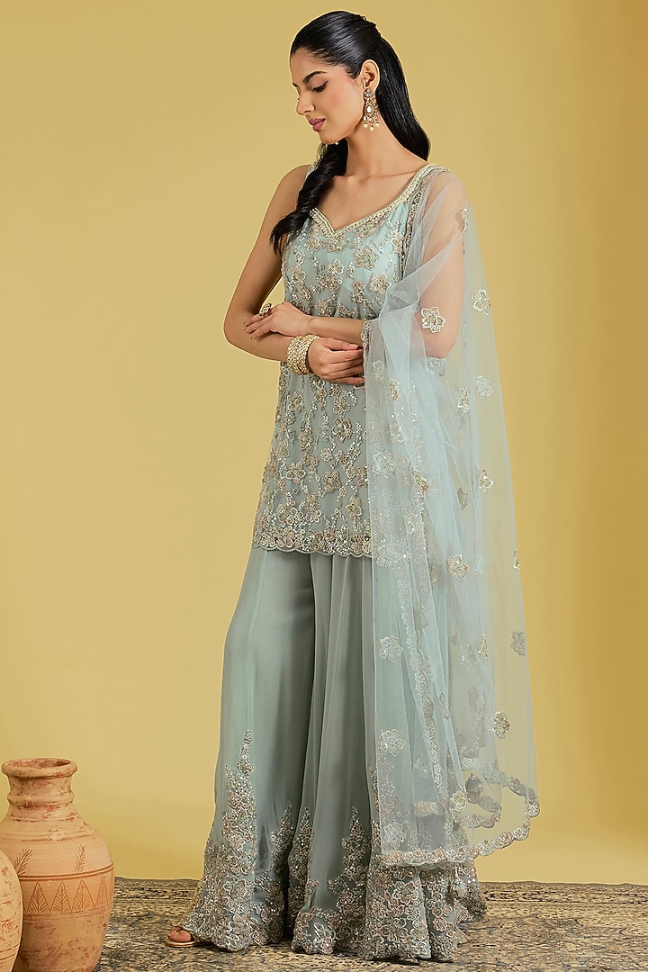Pista Net & Georgette Embroidered Wedding Sharara Set by MeenaGurnam at Pernia's Pop Up Shop