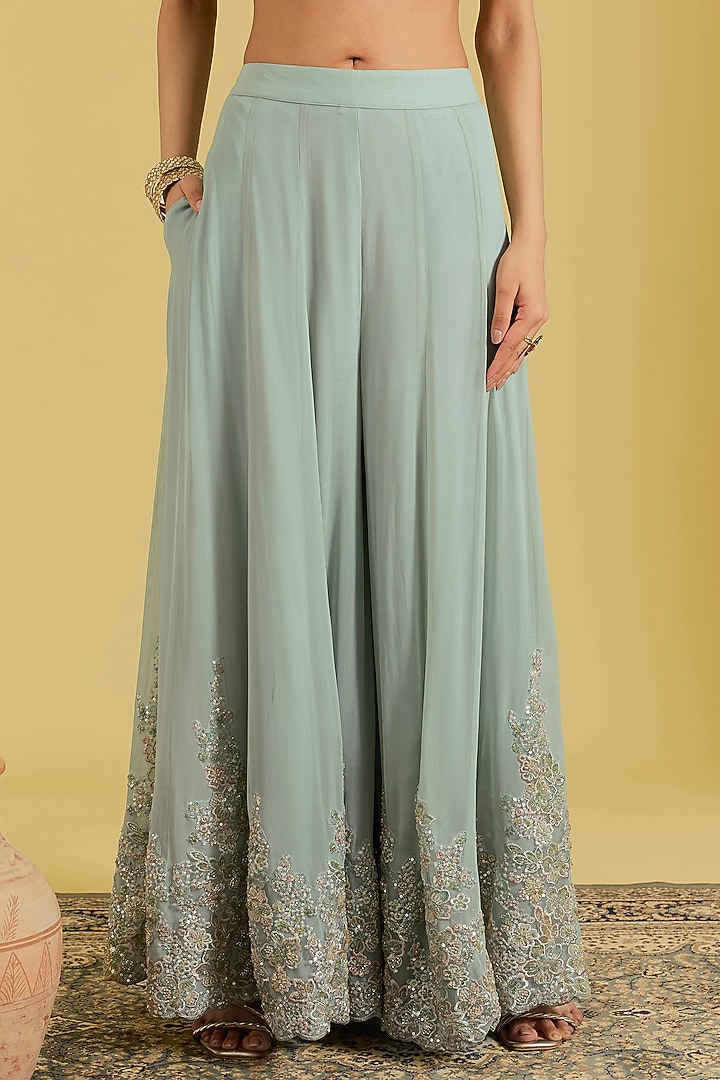 Pista Net & Georgette Embroidered Wedding Sharara Set by MeenaGurnam at Pernia's Pop Up Shop