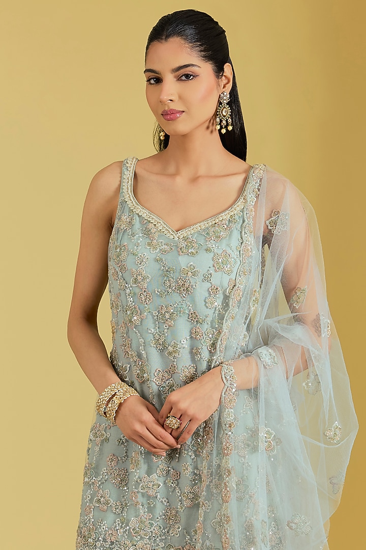 Pista Net & Georgette Embroidered Wedding Sharara Set by MeenaGurnam at Pernia's Pop Up Shop