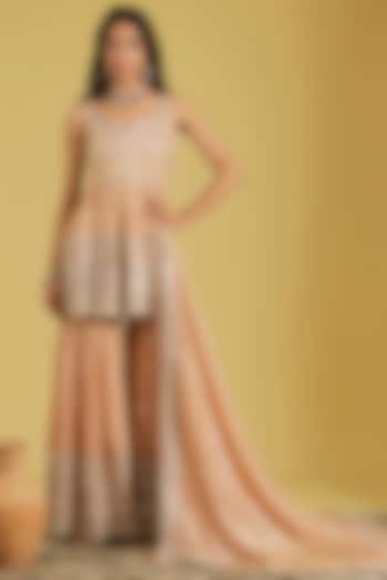 Peach Tissue Embellished Gharara Set by MeenaGurnam at Pernia's Pop Up Shop