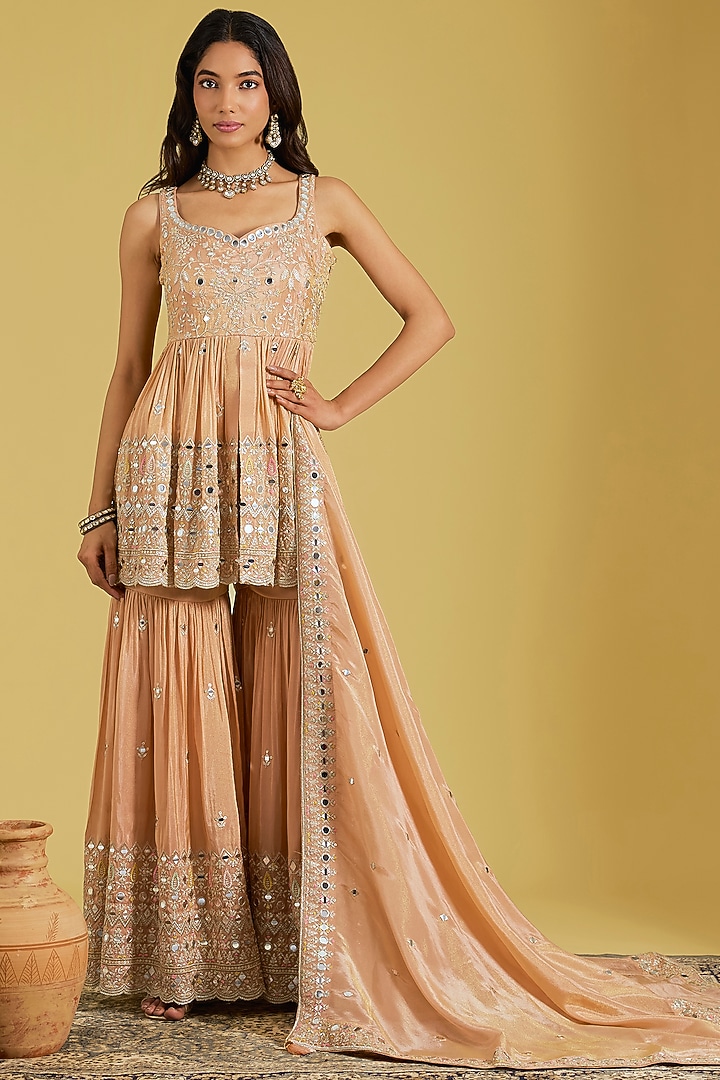 Peach Tissue Embellished Gharara Set by MeenaGurnam at Pernia's Pop Up Shop