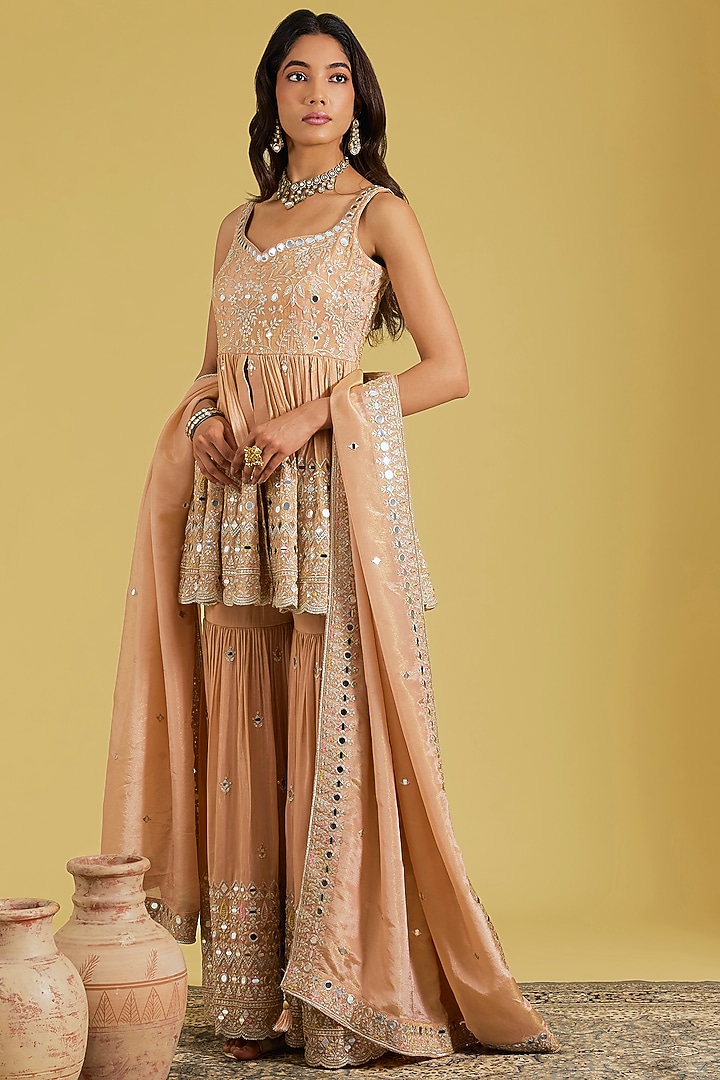 Peach Tissue Embellished Gharara Set by MeenaGurnam at Pernia's Pop Up Shop