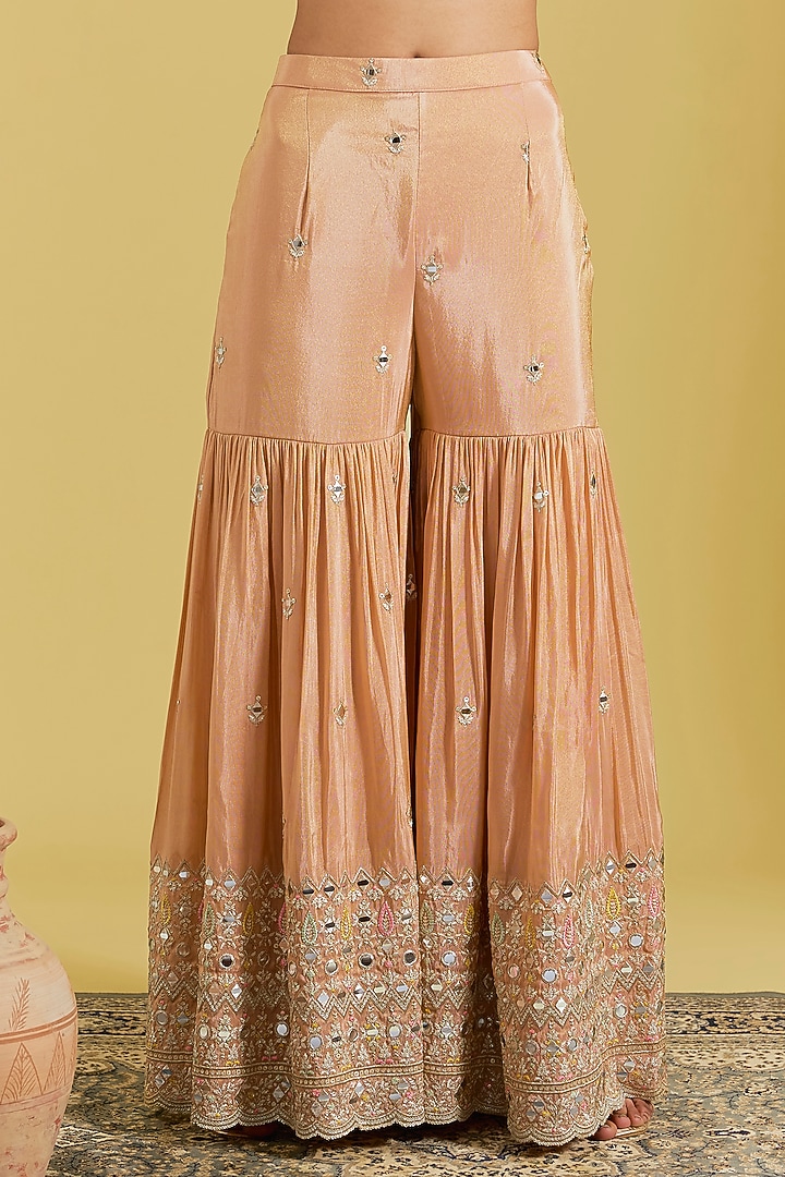 Peach Tissue Embellished Gharara Set by MeenaGurnam at Pernia's Pop Up Shop