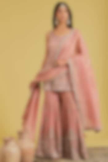 Peach Tissue Embroidered Gharara Set by MeenaGurnam at Pernia's Pop Up Shop