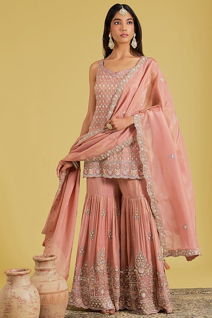 Peach Tissue Embroidered Gharara Set by MeenaGurnam at Pernia's Pop Up Shop