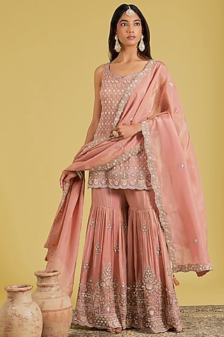 Peach Tissue Embroidered Gharara Set by MeenaGurnam