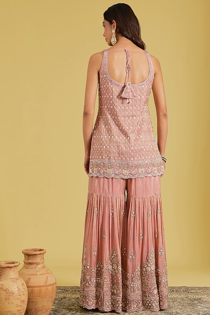 Peach Tissue Embroidered Gharara Set by MeenaGurnam at Pernia's Pop Up Shop