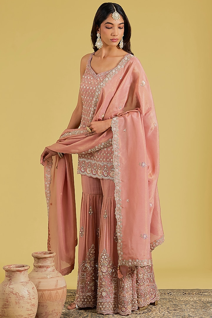 Peach Tissue Embroidered Gharara Set by MeenaGurnam at Pernia's Pop Up Shop