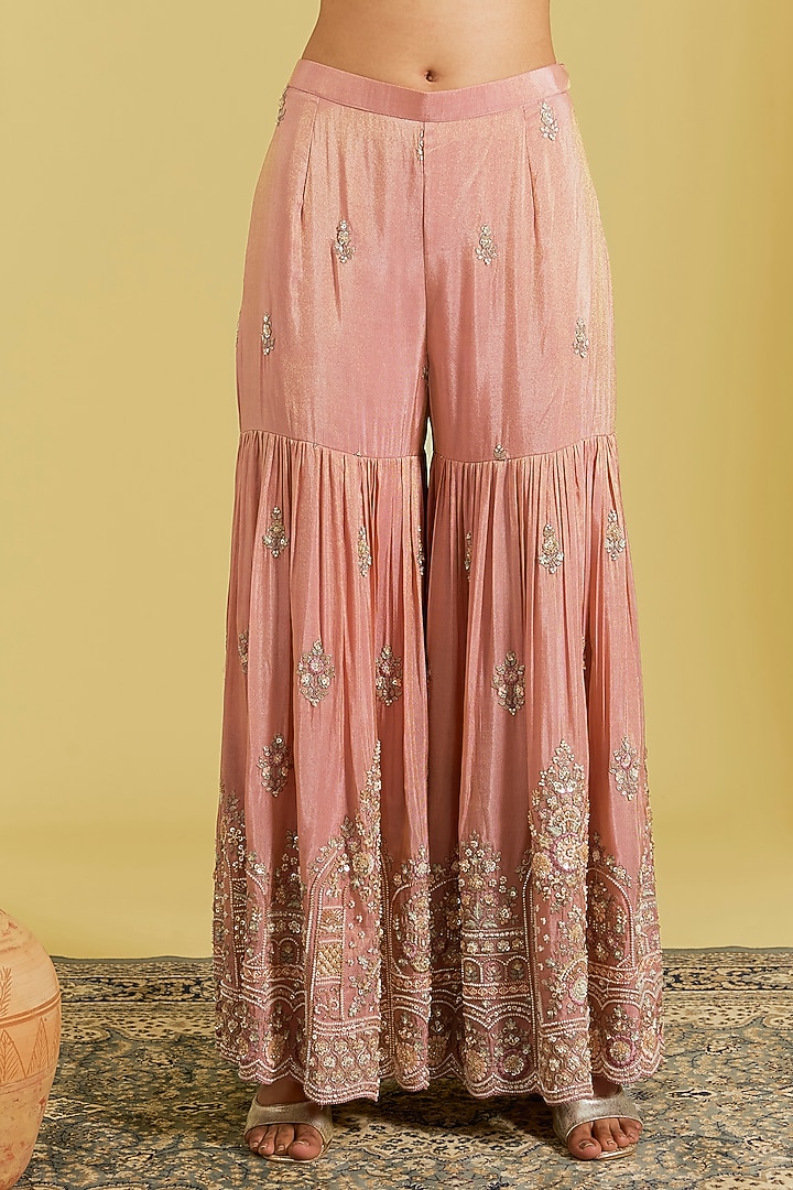 Peach Tissue Embroidered Gharara Set by MeenaGurnam at Pernia's Pop Up Shop