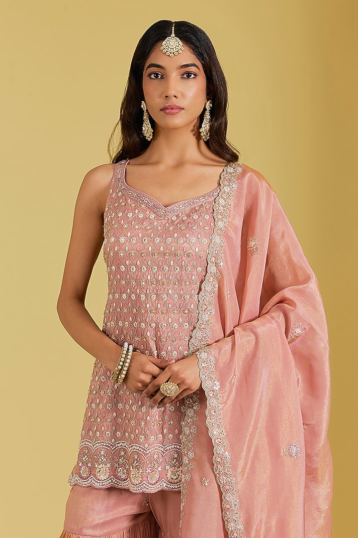 Peach Tissue Embroidered Gharara Set by MeenaGurnam at Pernia's Pop Up Shop
