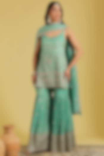 Sage Green Tissue Embroidered Gharara Set by MeenaGurnam at Pernia's Pop Up Shop