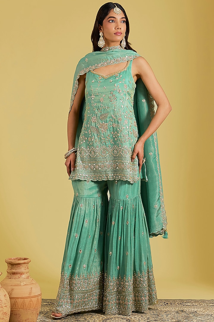 Sage Green Tissue Embroidered Gharara Set by MeenaGurnam at Pernia's Pop Up Shop