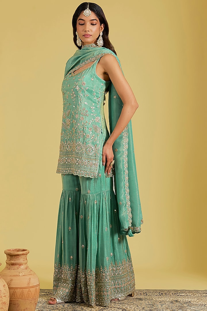 Sage Green Tissue Embroidered Gharara Set by MeenaGurnam at Pernia's Pop Up Shop